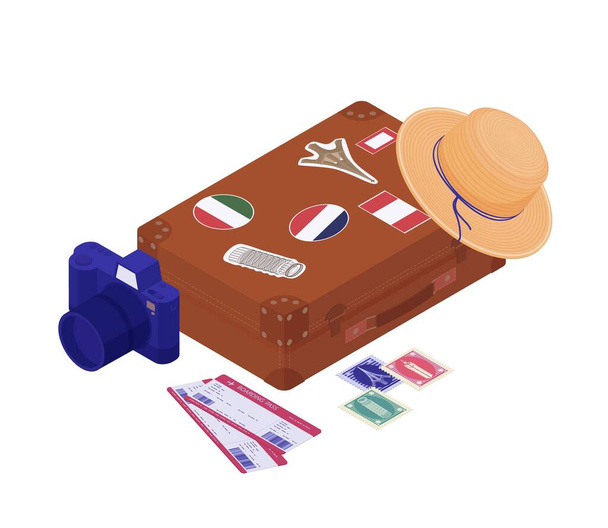 Retro-Koffer mit touristischen Dingen isometrisch. Aktentasche aus altem Leder mit Aufklebern besuchte Länder. - Vektor, Bild