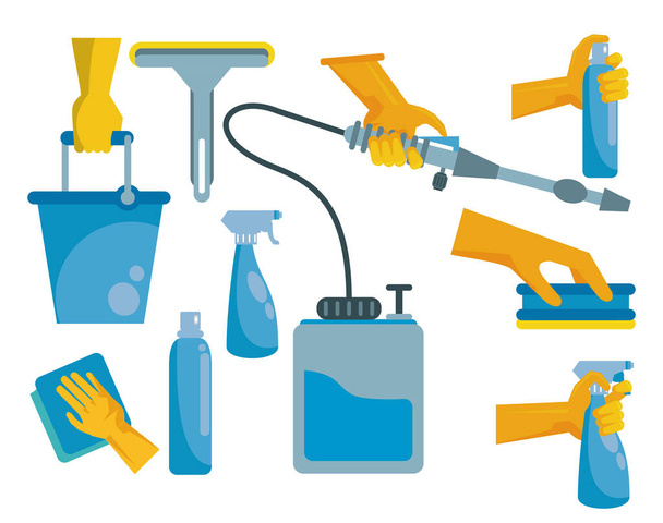 disinfect and clean activity with set equipment tools - Vector, Image