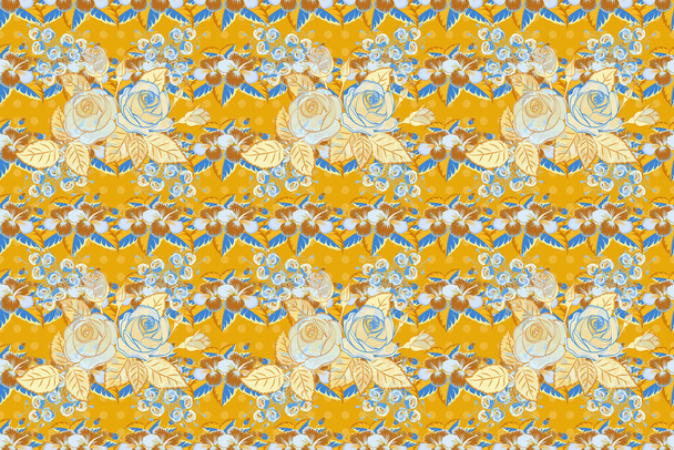 Παραδοσιακό ινδικό floral σχέδιο χωρίς ραφές με λουλούδια και φύλλα σε κίτρινο και μπλε χρώμα. Εικονογράφηση κορμού. - Φωτογραφία, εικόνα