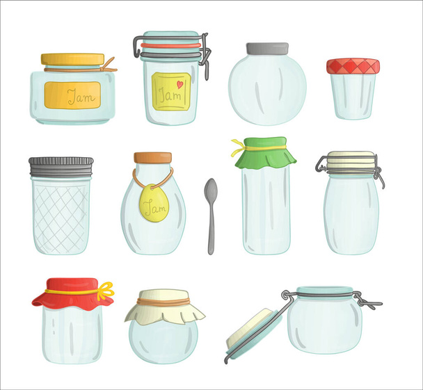 Vector set van gekleurde glas jam potten aquarel stijl geïsoleerd op witte achtergrond.Kleurrijke collectie van lege potten voor conserven voedsel.  - Vector, afbeelding