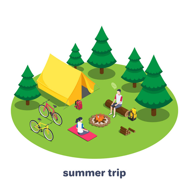 isometric vector image on a white background, a man and a woman on a campsite are sitting by the fire and tents in the forest, a bike trip or a summer trip - Vektor, kép
