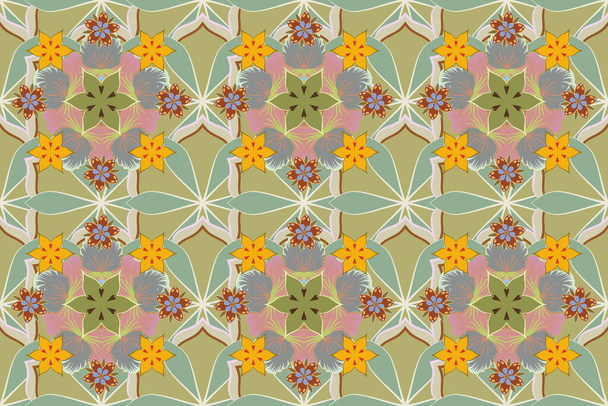Autumn colors. 1950s-1960s motifs. Silk scarf with blooming flowers in blue, yellow and beige colors. Retro textile design collection. Abstract seamless raster pattern with hand drawn floral elements. - Photo, Image