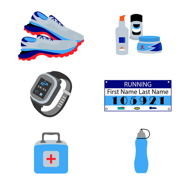 Eine Reihe von Gegenständen, die zum Laufen benötigt werden. Sportgerätekonzept mit wettbewerbsfähigem Marathon-Zubehör - Vektor, Bild