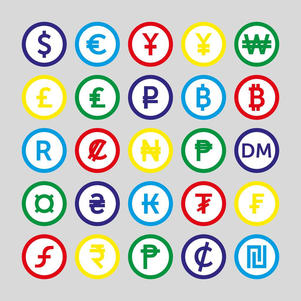 Vektorkészlet fényes színes pénznem szimbólumok - Vektor, kép