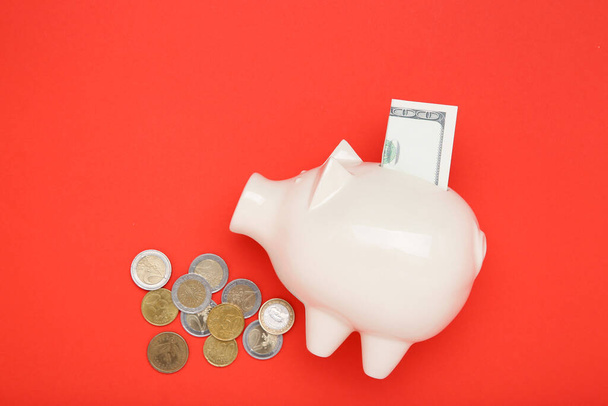 Piggybank with coins and dollar banknote on red background - Foto, Imagen