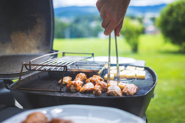 Close up of chicken wings, cheese and vegetables on gas grill. Summer time, outdoors. - Foto, immagini