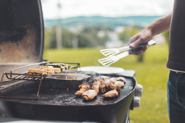 Close up of chicken wings, cheese and vegetables on gas grill. Summer time, outdoors. - Fotoğraf, Görsel