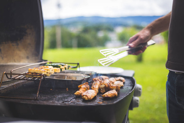 Close up of chicken wings, cheese and vegetables on gas grill. Summer time, outdoors. - Foto, imagen