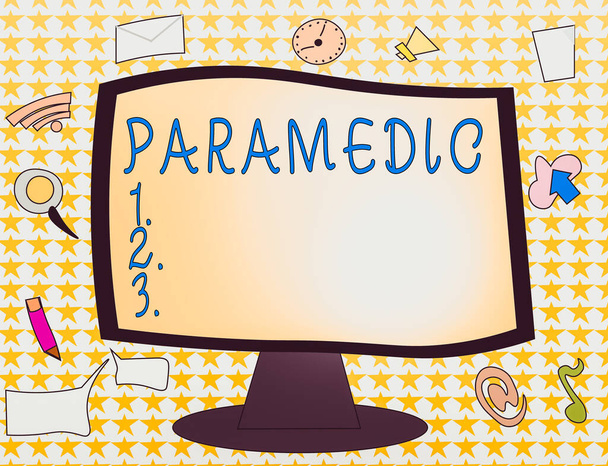 単語書き込みテキスト｜Paramedic.救急医療の専門知識を持つ医療従事者のためのビジネスコンセプトWebアプリケーションソフトウェアのアイコンブランクマウントコンピュータモニターを囲む. - 写真・画像