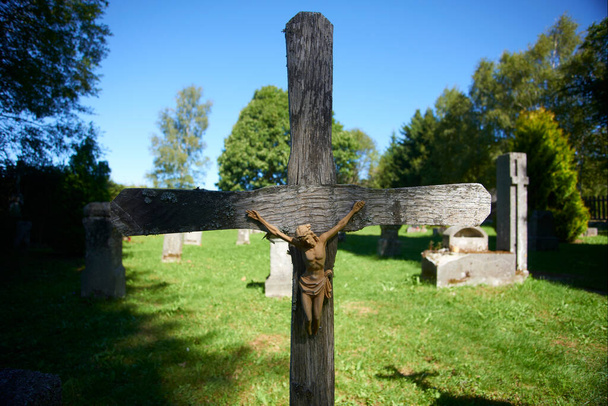 daytime on cemetery,  graveyard memorial, Former cemetery, deserted village Furstenhut in Knizeci Plane, Sumava national park, Czech Republic - Φωτογραφία, εικόνα
