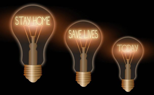 Notiz mit der Aufschrift Stay Home Save Life. Geschäftsfotos, die die Anzahl der infizierten Patienten verringern, indem sie das Haus nicht verlassen Realistische farbige alte Glühbirnen, Ideenschild-Lösung. - Foto, Bild