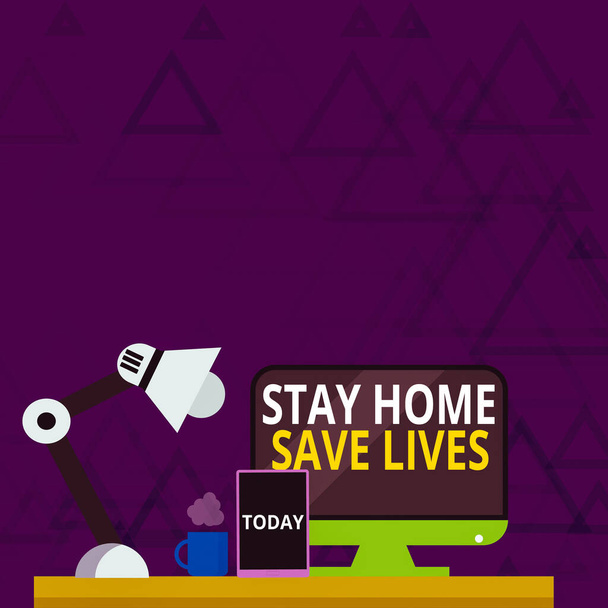 Notiz mit der Aufschrift Stay Home Save Life. Geschäftsfotos, die die Zahl der infizierten Patienten verringern, indem sie das Haus nicht verlassen.. - Foto, Bild