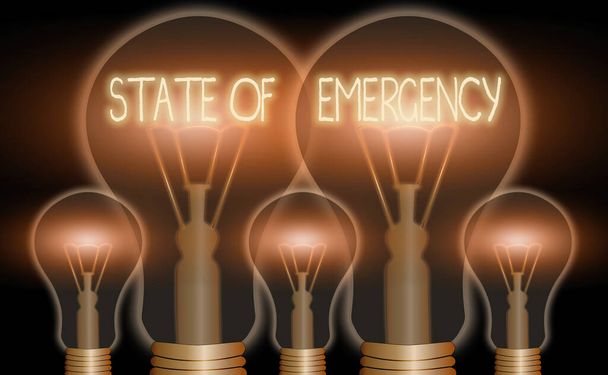 Conceptual hand writing showing State Of Emergency. Business photo text acknowledging an extreme condition affecting at a national level Realistic colored vintage light bulbs, idea sign solution. - Photo, Image