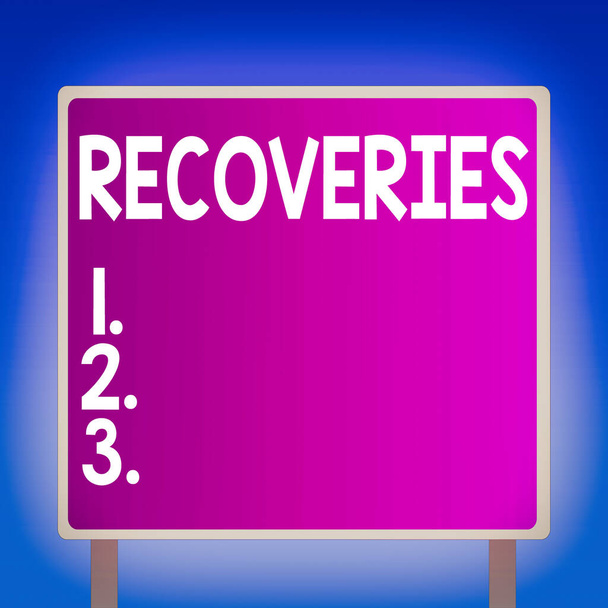 Conceptual hand writing showing Recoveries. Business photo text process of regaining possession or control of something lost Square Billboard Standing with Frame Border Outdoor Display. - Photo, Image