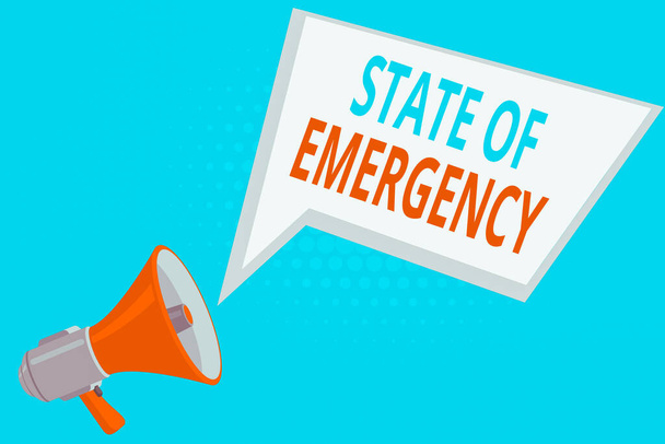 Handwriting text State Of Emergency. Concept meaning acknowledging an extreme condition affecting at a national level Megaphone Loudspeaker and Blank Geometric shape Halftone Speech Bubble. - Photo, Image