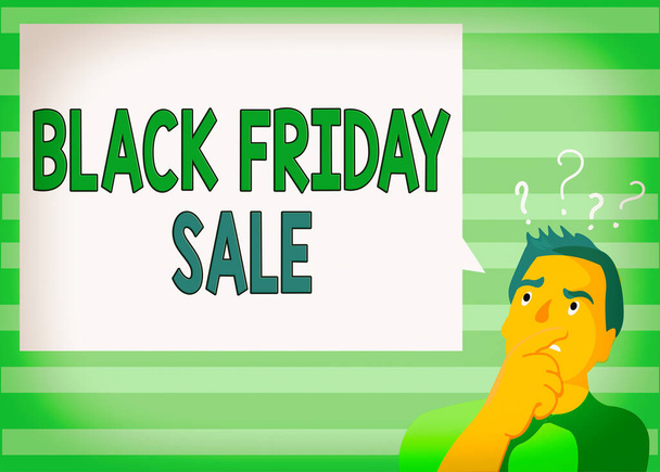 Writing note showing Black Friday Sale. Business photo showcasing Attract the buyers with Exclusive product s is lower price Man Expressing Hand on Mouth Question Mark icon Text Bubble. - Photo, Image