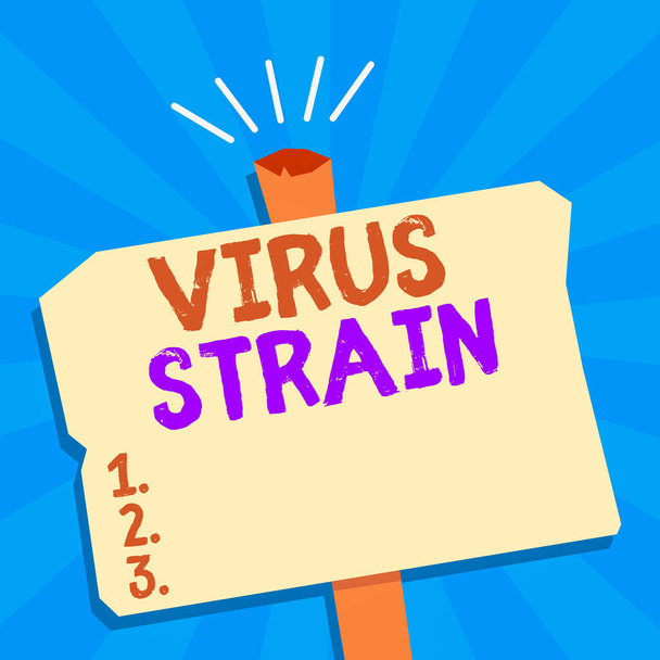 Writing note showing Virus Strain. Business photo showcasing Another genetic variant derived from the original microorganism Blank Old Weathered Signpost Geometrical Shape Halftone with One stand. - Photo, Image