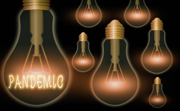 Writing note showing Pandemic. Business photo showcasing occurring over a wide area affecting high proportion of population Realistic colored vintage light bulbs, idea sign solution. - Photo, Image