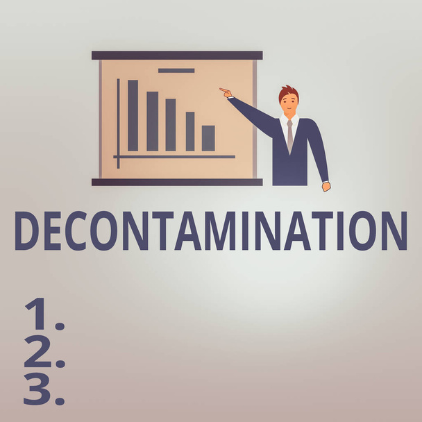 Text sign showing Decontamination. Conceptual photo neutralizing every presence of hazardous substances Man in Business Suit Standing Pointing a Board with Bar Chart Copy Space. - Photo, Image