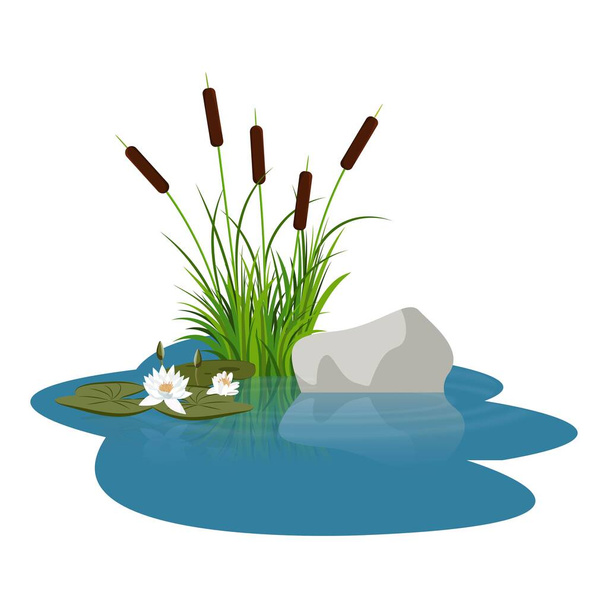 Buschwerk mit Lotusseerosenblättern in der Nähe von Steinen auf dem Wasser. Schilf, Seerose und grauer Stein spiegeln sich im Wasser des Sees. Buschwerk und Steinvektor auf dem Wasser. Kunstillustration gut für Cartoon-Hintergrund oder Requisiten - Vektor, Bild