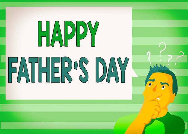 Writing note showing Happy Fathers Day. Business photo showcasing celebrated to show love for the patriarch of the family Man Expressing Hand on Mouth Question Mark icon Text Bubble. - Photo, Image