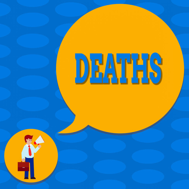 Word writing text Deaths. Business concept for permanent cessation of all vital signs, instance of dying individual Man in Necktie Carrying Briefcase Holding Megaphone Blank Speech Bubble. - Photo, Image