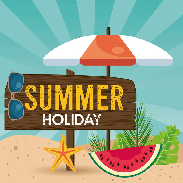 summer holiday label with umbrella - Vector, Image