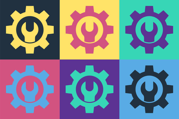 Pop art Wrench spanner and gear icon isolated on color background. Adjusting, service, setting, maintenance, repair, fixing.  Vector Illustration. - Vector, Image