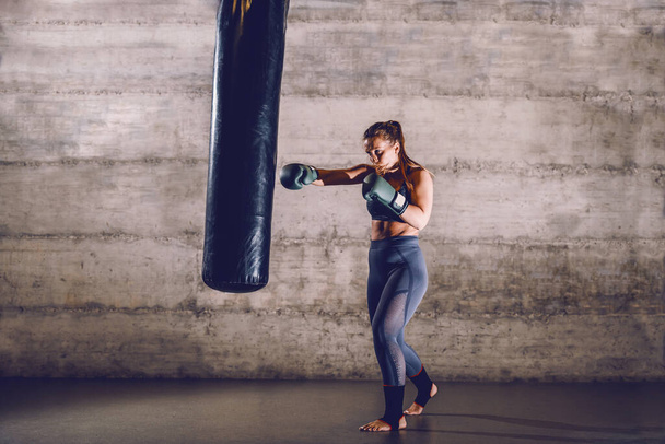 Pełna długość młodego, dedykowanego muskularnego boksera płci żeńskiej w odzieży sportowej z kucykiem i rękawiczkami bokserskimi, bokserskiego worka bokserskiego stojącego na siłowni. - Zdjęcie, obraz