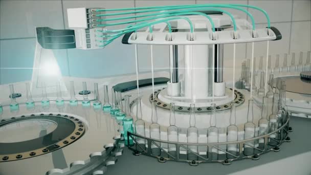 Automatikus gyári gép az injekciós üvegek oltóanyaggal és gyógyszerekkel történő feltöltéséhez 3D - Felvétel, videó
