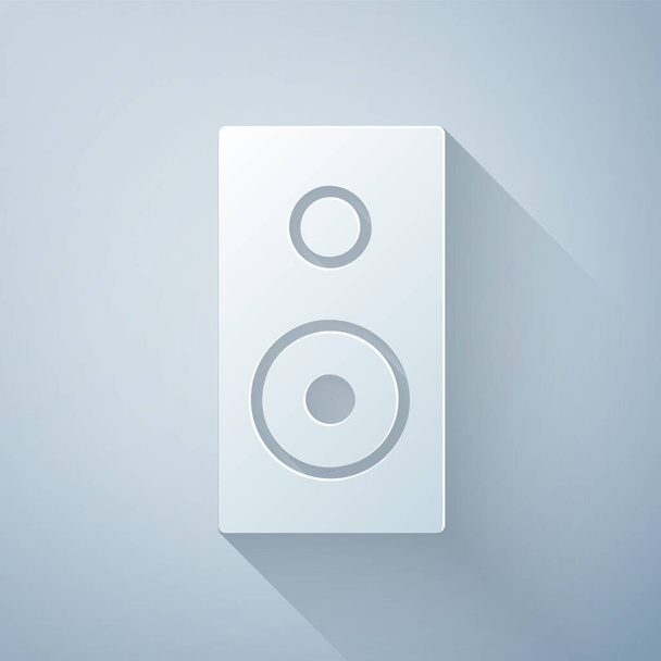 Paper cut Stereo speaker icon isolated on grey background. Sound system speakers. Music icon. Musical column speaker bass equipment. Paper art style. Vector Illustration. - Вектор,изображение