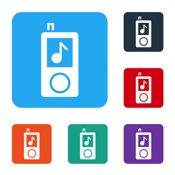 White Music Player Symbol isoliert auf weißem Hintergrund. Tragbares Musikgerät. Setzen Sie Symbole in farbigen quadratischen Tasten. Vektorillustration. - Vektor, Bild