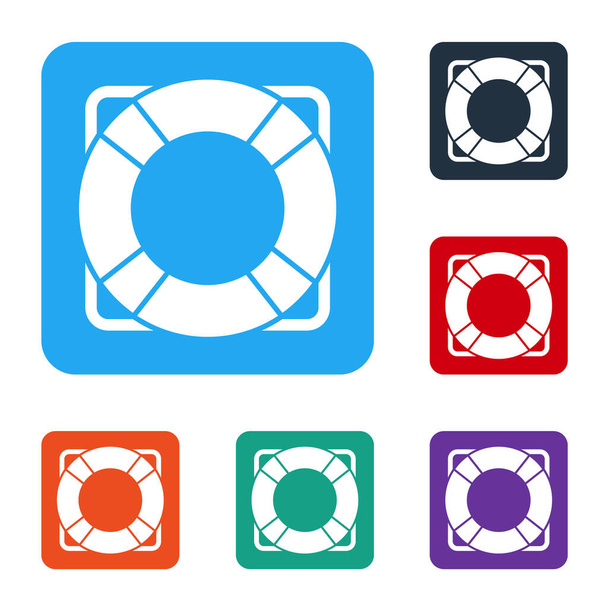 Λευκή εικόνα Lifebuoy απομονωμένη σε λευκό φόντο. Σύμβολο ζώνης ασφαλείας. Ορισμός εικονιδίων σε χρωματιστά τετράγωνα κουμπιά. Εικονογράφηση διανύσματος. - Διάνυσμα, εικόνα