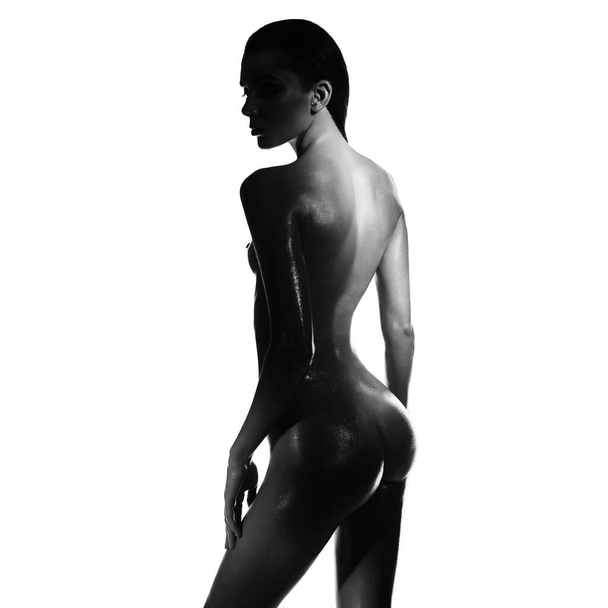 Black and white concept fashion photo of elegant woman wearing shadow. Fashion, Health and beauty - Fotó, kép