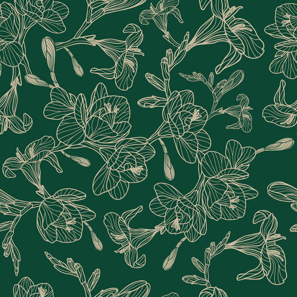 Freesia zökkenőmentes vektor minta virágzó bézs virágok zöld háttér. Romantikus kézzel rajzolt vonal design tapéta, belső anyagok és divat textíliák. - Vektor, kép