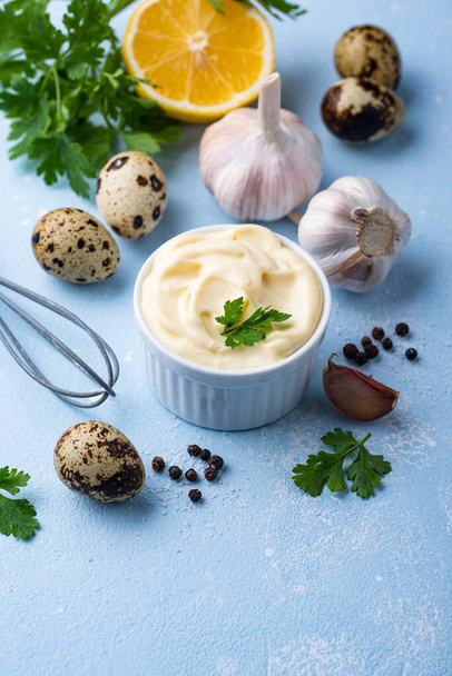 Homemade mayonnaise sauce with ingredient - Photo, Image
