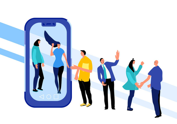 People meet after self-isolation and go out of smartphone.End of quarantine concept. Pandemic is over. Joyful men and women spend time together,wave a hand and hug each other. Flat vector illustration - Vector, Image