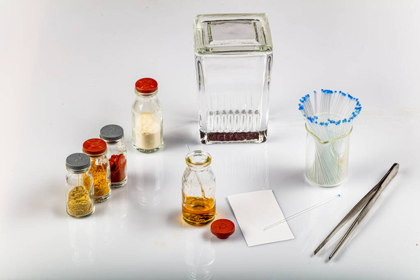 TLC equipments include, capillaries, silica gel, jar and compounds. Thin layer chromatography is used to separate components. - Photo, Image