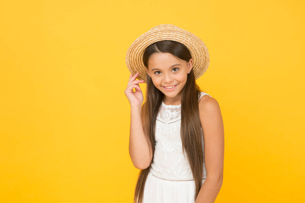 Summer tour. Leisure and entertainment concept. Summer happiness. Vacation mood. Tropical tour. Sale and discount. Goods for kids. Adorable little girl wearing elegant hat. Have funny summer holiday - Fotografie, Obrázek