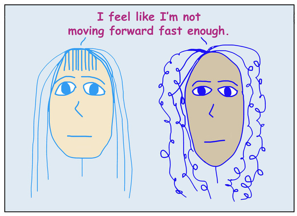 Karikatur zweier besorgter, ethnisch unterschiedlicher Frauen, die erklären, dass ich das Gefühl habe, nicht schnell genug voranzukommen.  - Foto, Bild