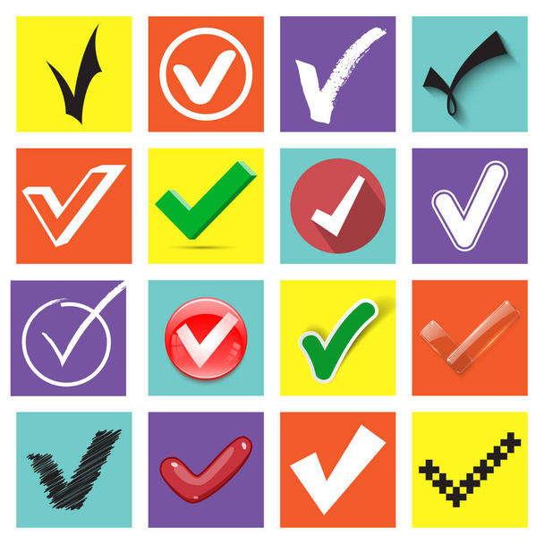 Check Mark Icons. Collection of Ticks, Made in Different Styles on a Colorful Background. Hand drawn, Flat, Glossy Button, Scribble, 3D, Glass, Paper and Other styles. Vector Illustration - Διάνυσμα, εικόνα