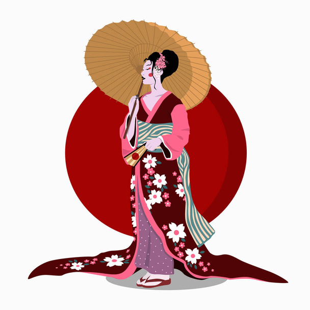 Woman in kimono with umbrella. Color vector flat cartoon illustration isolated on red sun. - Вектор, зображення