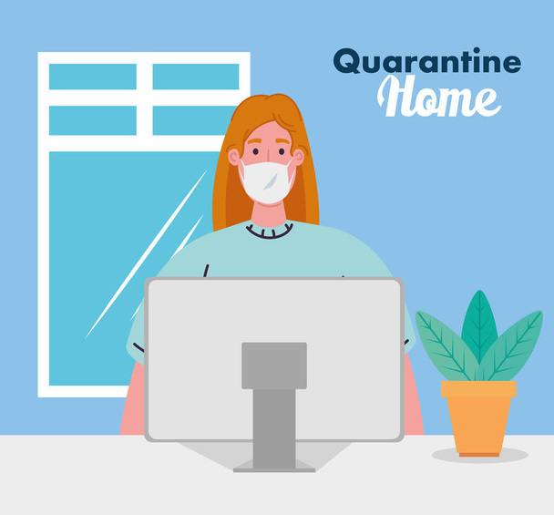 stay home work home, woman protect yourself working at home, stay home on quarantine during the coronavirus - Vector, Image