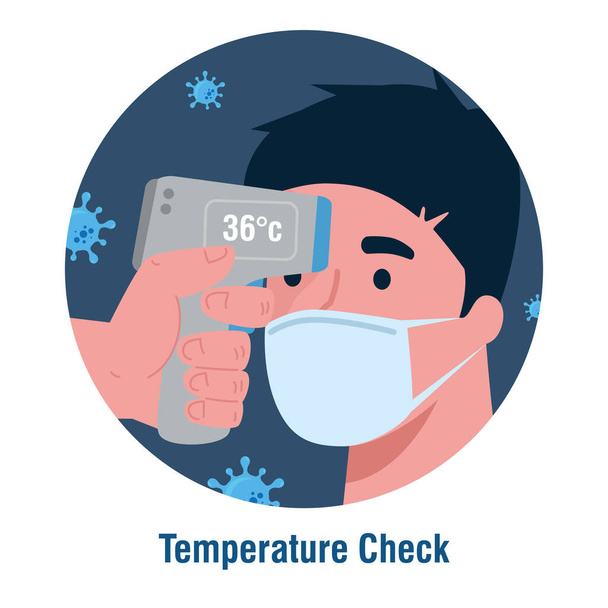 covid 19 coronavirus, hand holding infrared thermometer to measure body temperature, man check temperature - Vector, Image