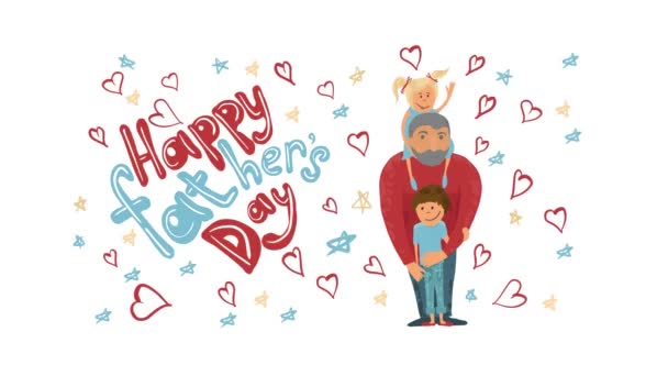 Grußkarten-Animation. Glücklicher Vatertag. Vater mit Sohn und Tochter zeichnen. Handzeichnung und Färbung. - Filmmaterial, Video