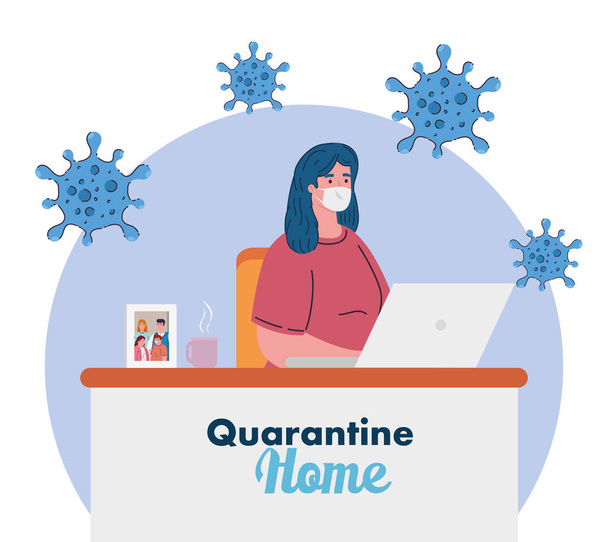 stay home work home, woman protect yourself working at home, stay home on quarantine during the coronavirus - Vector, Image