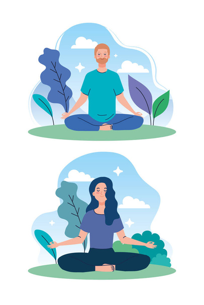 coppia meditando in natura e foglie, concetto di yoga, meditazione, relax, stile di vita sano - Vettoriali, immagini