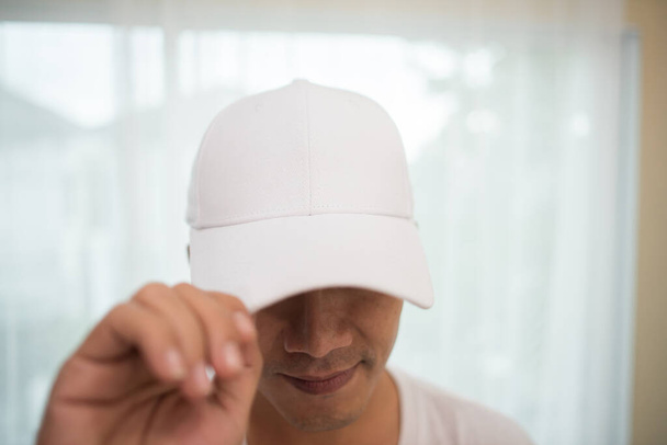 Blank white cap on the head ready for branding. - Photo, Image