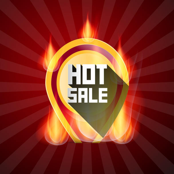 Hot verkoop gele etiket in vlammen, brand op retro rode achtergrond - Vector, afbeelding