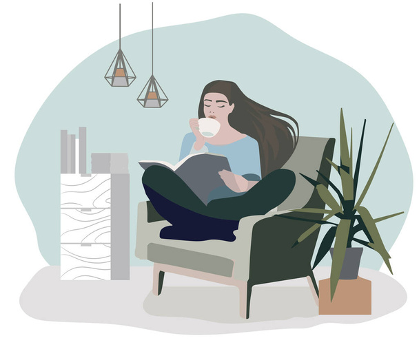 girl sitting on an armchair reading a magazine or book and drinking tea or coffee, stay at home save lives, stay at home engage in self-development, interior in a minimalist style - Вектор, зображення